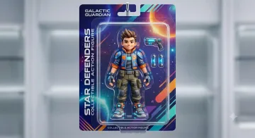 Original collectible hero action figure character in premium toy packaging with cinematic studio lighting