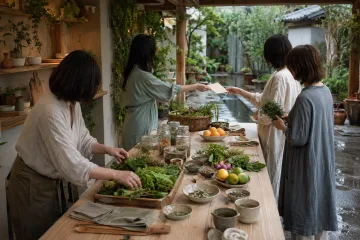 Four anonymous adults exchange fresh ingredients and unmarked recipe cards around a wooden table in a rain-damp garden courtyard.