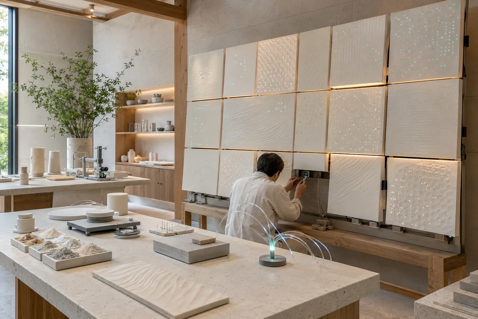 Landscape view of a calm material research studio with responsive illuminated ceramic panels, compact environmental sensors, pale stone tables, and an anonymous technician adjusting a sensor.