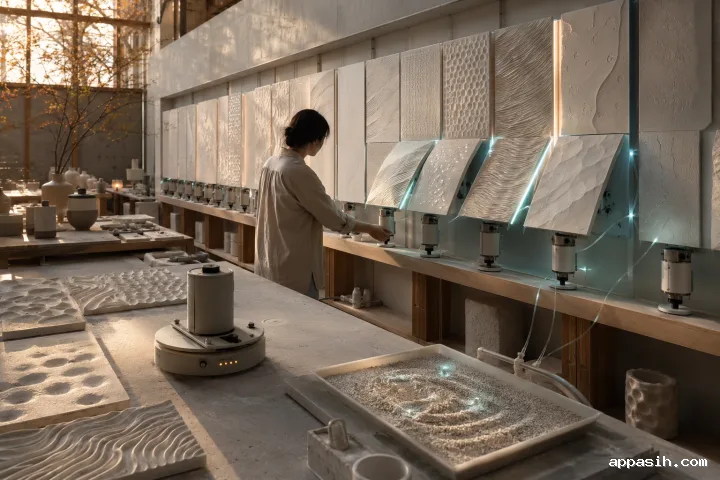 Cinematic landscape view across a material research table toward responsive ceramic wall panels glowing softly as an anonymous technician adjusts an environmental sensor.