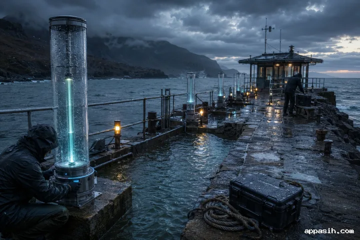 Ultra-detailed cinematic view of a stormglass coastal signal harbor with a glowing tide gauge, rain-wet pier, mist, and anonymous technicians calibrating marine instruments.