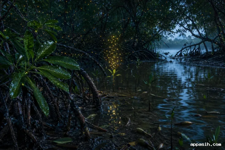 An elevated cinematic view of a moonlit mangrove firefly nursery with glowing insects, wet roots, mist, and rippling tidal water.