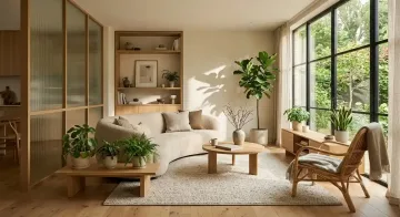 Warm Japandi living room with biophilic interior, curved sofa, natural wood, plants, and soft sunlight