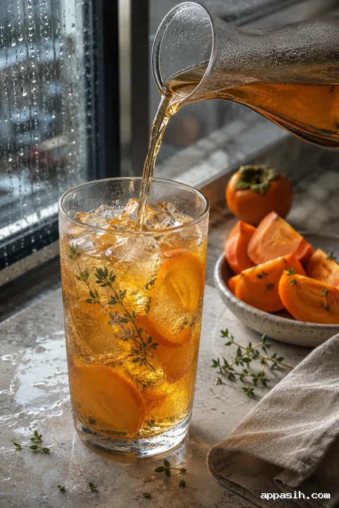 Elevated portrait view of golden persimmon tea being poured into a condensation-covered glass with ice, fruit slices, and thyme inside a rainlit tasting atelier.