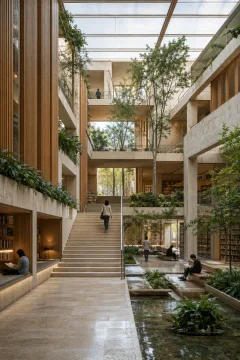 Portrait view of a contemporary civic reading atrium with pale stone balconies, timber screens, planted terraces, rainwater channels, reflective basins, and visitors reading beneath a translucent roof.
