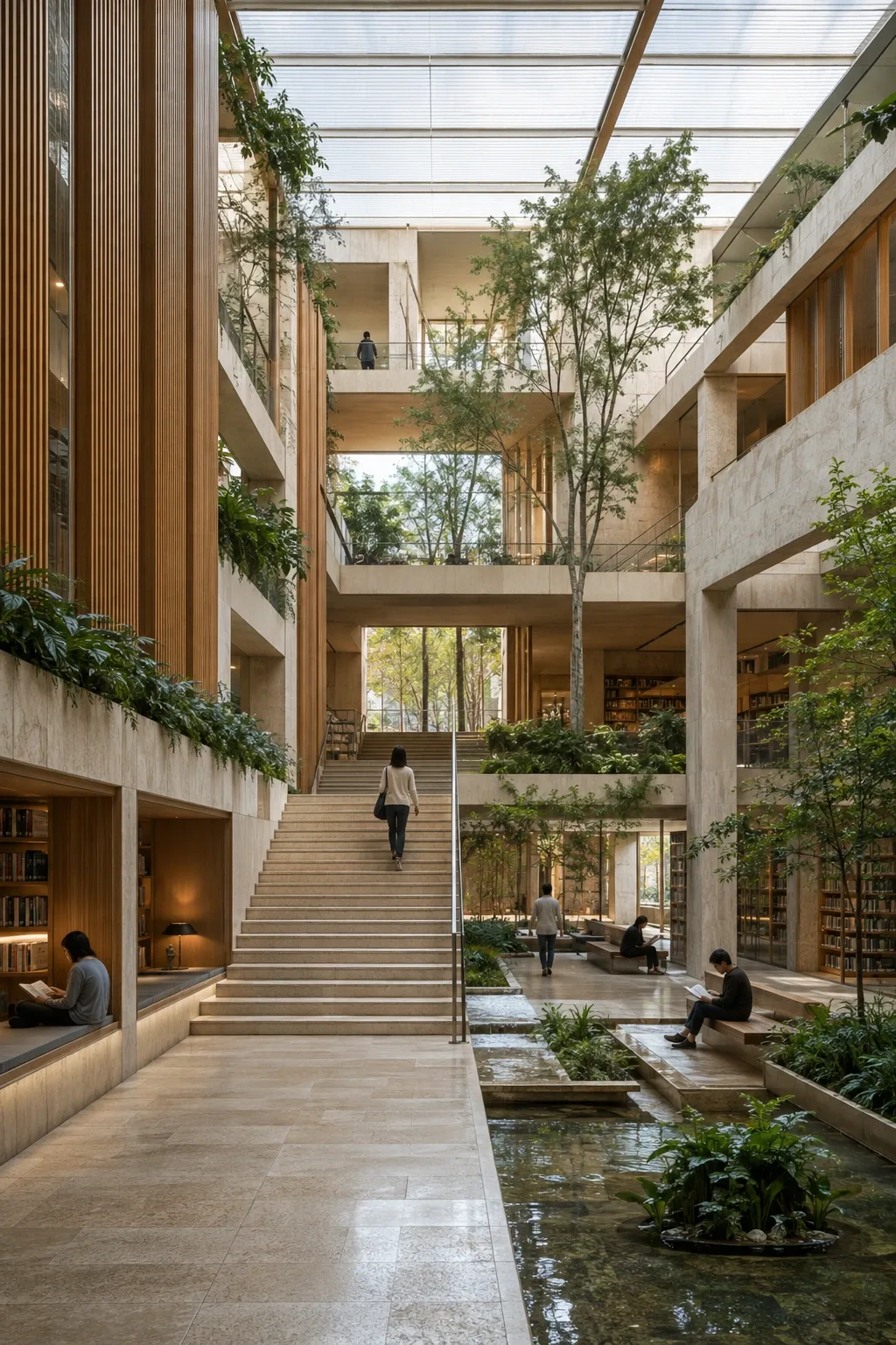 Portrait view of a contemporary civic reading atrium with pale stone balconies, timber screens, planted terraces, rainwater channels, reflective basins, and visitors reading beneath a translucent roof.