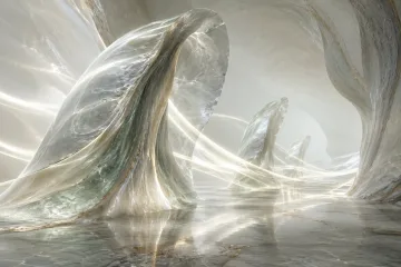 Landscape abstract chamber with translucent mineral folds guiding pale luminous ribbons across a shallow reflective surface.