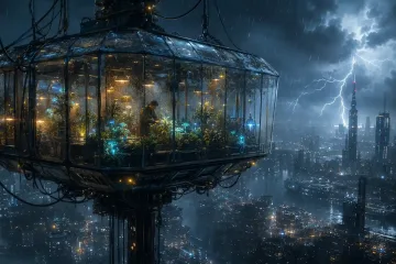 A solitary gardener tending glowing plants inside a floating glasshouse above a stormy futuristic city.