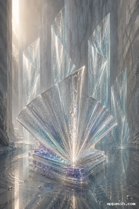 Elevated portrait view of five folded translucent crystal prisms with glowing suspended droplets, champagne edge highlights, and soft reflections in a pearl-gray chamber.