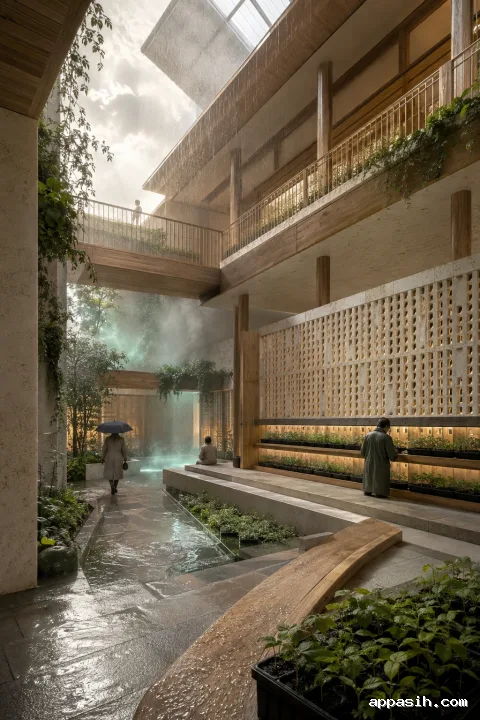 Elevated portrait view of a mist-cooled seed archive courtyard with rain-beaded paving, timber walkways, ceramic screens, seedlings, soft rainfall, and anonymous visitors.