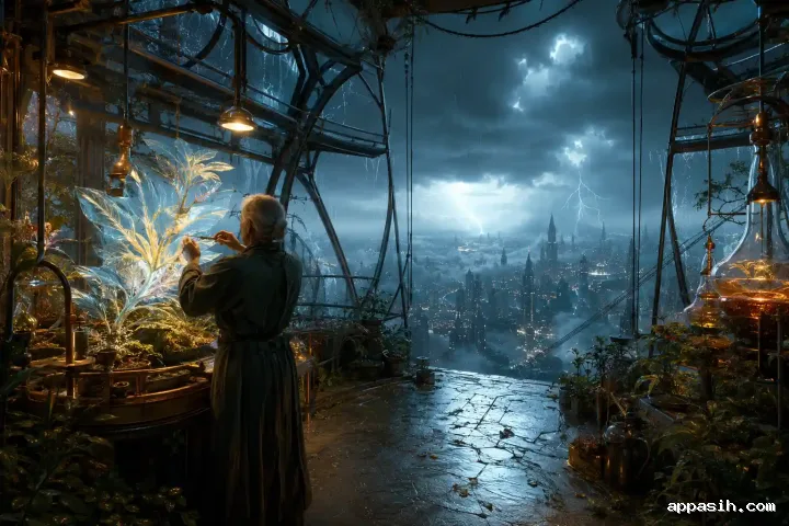 An elderly gardener trims a luminous plant inside a vast suspended glasshouse overlooking a storm-covered futuristic megacity.