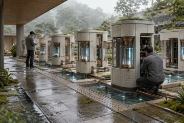 Landscape view of a rain-cooled computing terrace with pale ceramic processor columns, water channels, mist condensers, moss beds, and two anonymous technicians.