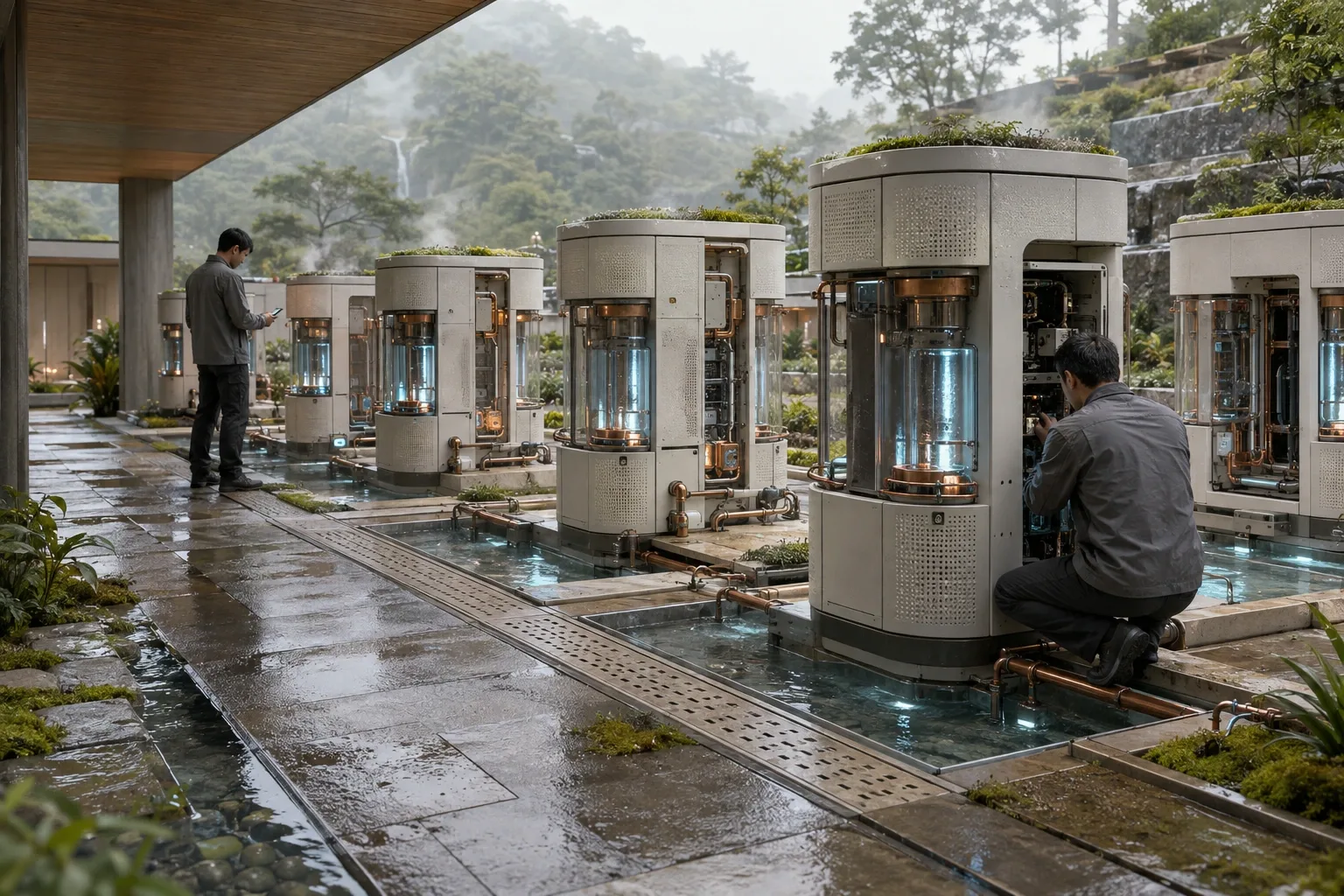 Landscape view of a rain-cooled computing terrace with pale ceramic processor columns, water channels, mist condensers, moss beds, and two anonymous technicians.