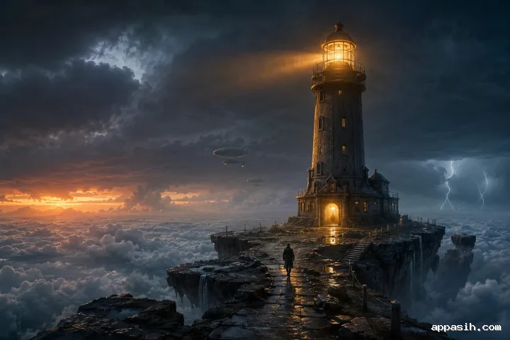 An anonymous lighthouse keeper crosses a wet causeway toward a colossal beacon tower on a floating island above an electrical storm.
