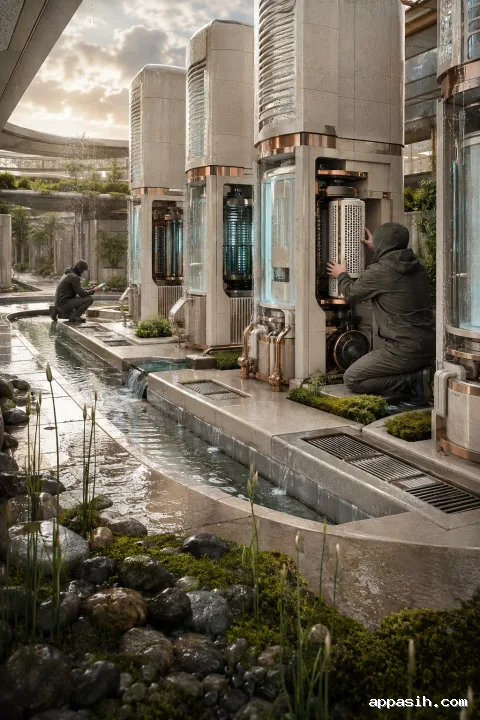 Elevated portrait view of a rain-cooled atmospheric computing atrium with glowing ceramic processor towers, reflective water channels, moss, and two anonymous technicians.
