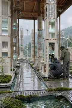 Portrait view of a sheltered ceramic edge computing observatory with rainwater cooling channels, modular sensor columns, moss beds, and two anonymous technicians after rainfall.