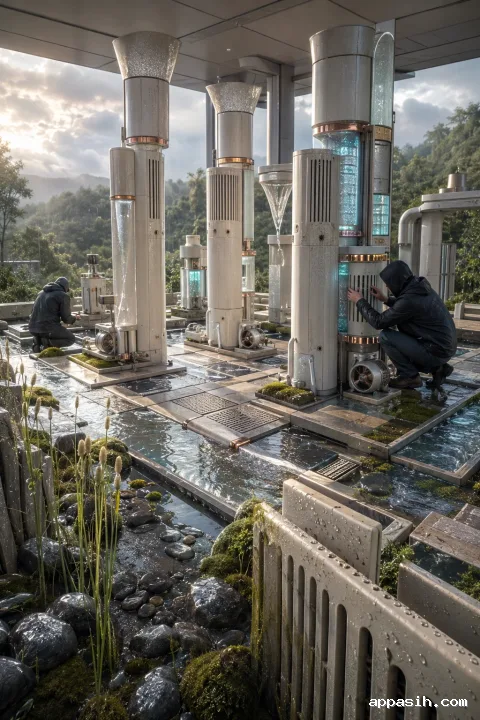 Detailed portrait scene of a rain-cooled ceramic edge computing observatory with illuminated sensor columns, wet channels, moss, and two anonymous technicians under soft late-afternoon light.