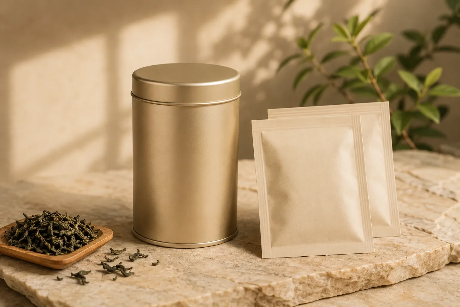Blank amber glass hand wash pump bottle and matching refill pouch displayed on a light stone counter.