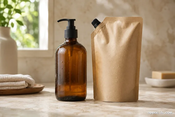 Luxury blank amber hand wash bottle and recyclable refill pouch styled with a cotton towel, ceramic dish, sponge, and soft morning light.