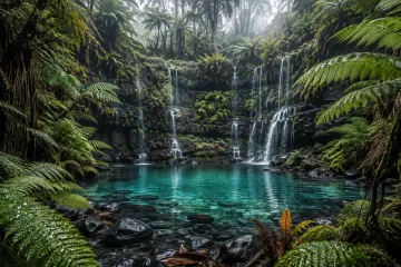 A secluded volcanic forest basin with giant tree ferns surrounding a clear turquoise mineral pool beneath mossy basalt cliffs and delicate waterfalls.