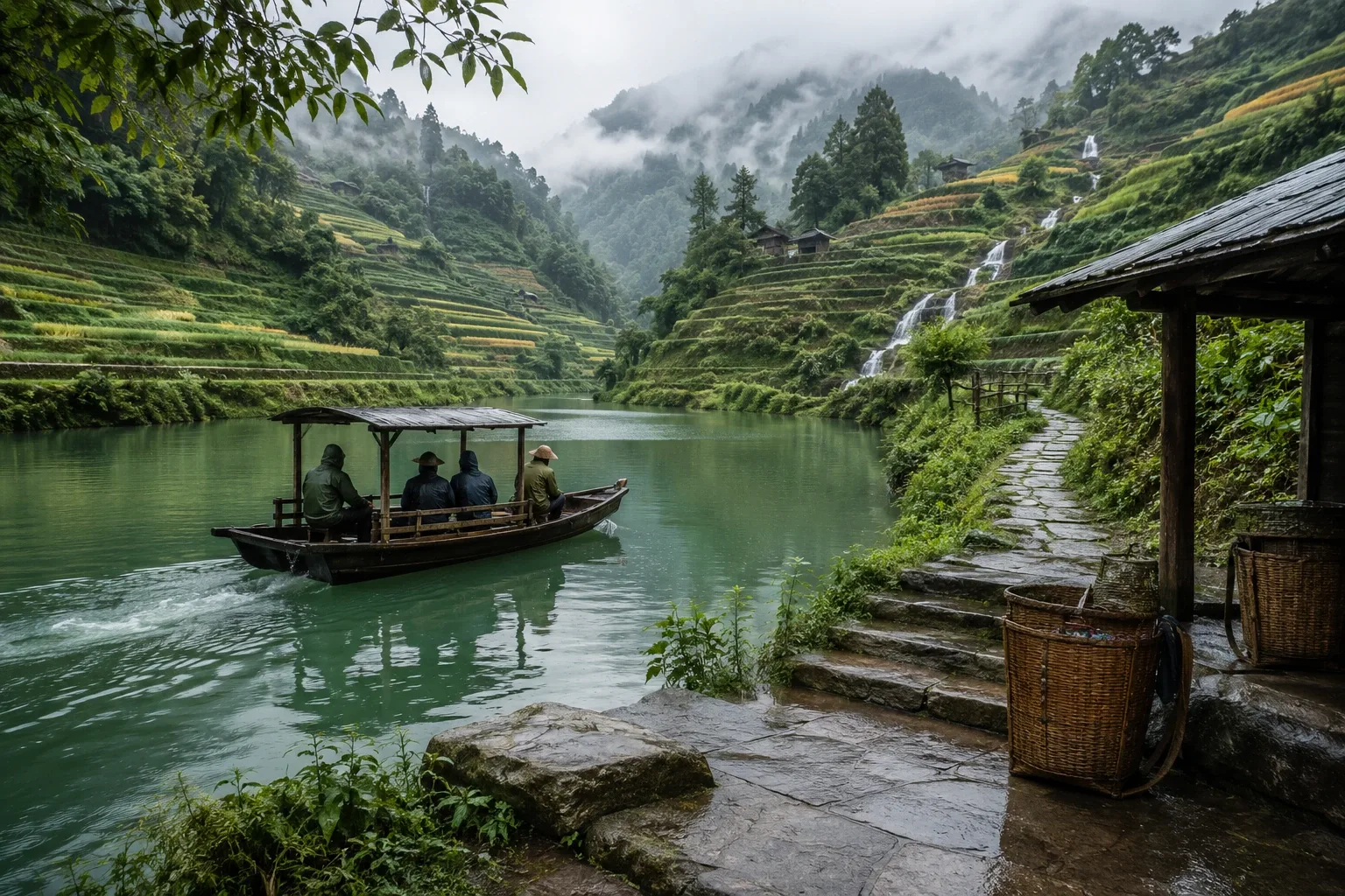 Small wooden passenger ferry crossing a misty jade-green highland river beneath lush stepped terraces after rainfall.