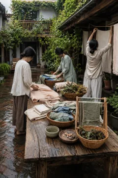 Three anonymous neighbors folding and airing naturally dyed household textiles around a wooden table in a peaceful rainwashed residential courtyard.