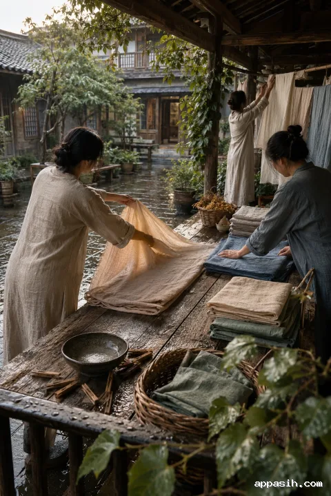 Three anonymous neighbors folding, smoothing, and hanging naturally dyed linen in a rainwashed courtyard viewed from an elevated three-quarter perspective with wet foliage and reflective paving.