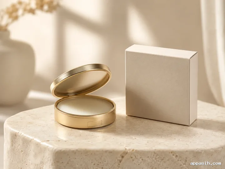 Luxury blank champagne-metal solid perfume compact with ivory balm and an unprinted presentation box styled on layered travertine platforms.