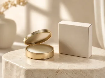 Blank matte metal travel candle with its lid and matching unprinted gift box displayed on a warm stone pedestal.