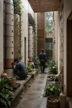 Portrait view of a sustainable technology conservatory with modular ceramic battery towers, rainwater cooling channels, tropical planting, and two anonymous technicians.