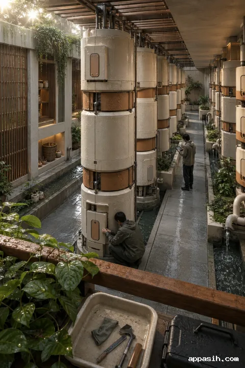 Elevated portrait view inside a rain-cooled energy conservatory with ceramic battery towers, wet timber galleries, reflective water channels, tropical planting, and two anonymous technicians performing maintenance.