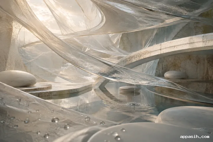 Elevated three-quarter view of a serene silica memory atrium with sweeping translucent ribbons, porcelain forms, mineral arcs, suspended droplets, and champagne-lit reflections across a calm basin.