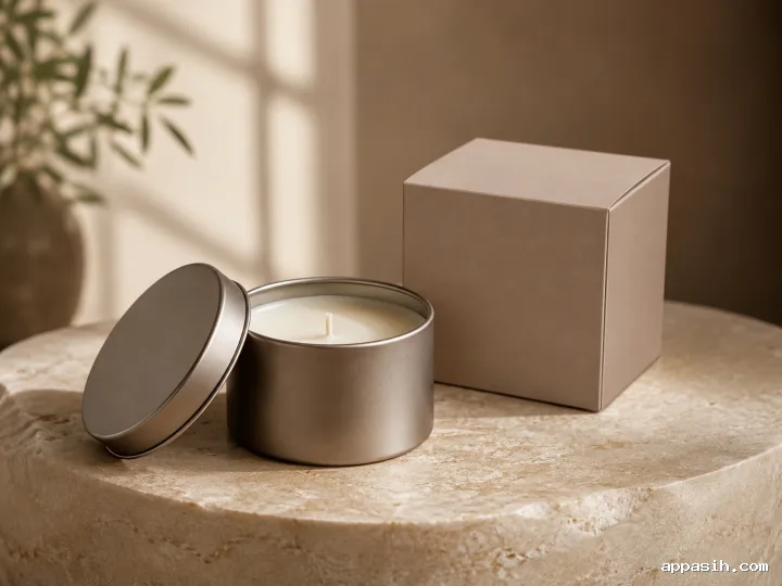 Luxury blank bronze travel candle with ivory wax, matching lid, and an unprinted drawer-style gift box styled on layered stone and wood platforms.