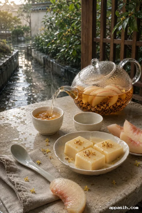 Elevated portrait view of white peach roasted rice tea being poured into an ivory ceramic cup beside osmanthus custard, fresh peach slices, and a rain-washed garden pavilion.