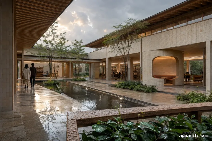 Elevated three-quarter view of a contemporary ceramic listening library with timber galleries, rain courtyard, reflective water channel, and warm late-afternoon highlights.