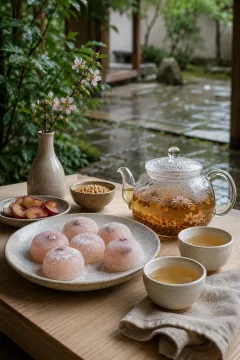 Portrait editorial scene of pale pink plum rice cakes with amber roasted rice blossom tea on a low timber table in a rain-washed garden courtyard.