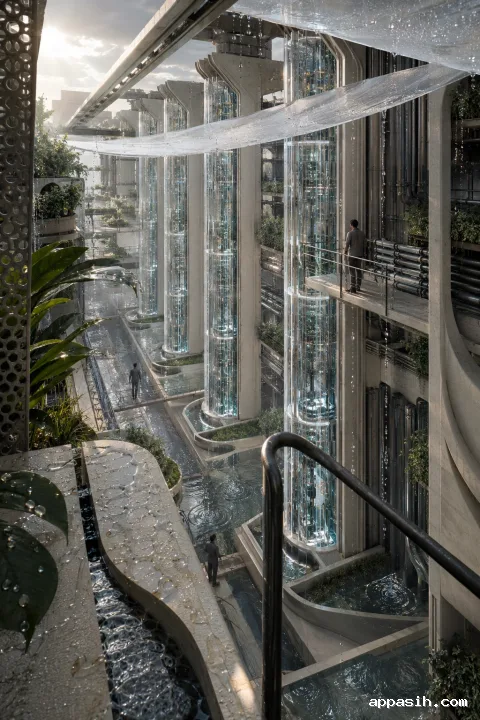 Elevated portrait view across a rain-cooled photonic computing foundry with translucent processor towers, ceramic thermal systems, suspended droplets, planted terraces, and technicians on layered service galleries.