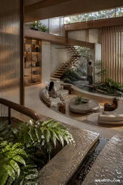 Elevated portrait view across a luxurious sunken conversation conservatory with curved ivory seating, warm timber architecture, an indoor rain garden, fluted glass, wet foliage, reflective water channels, and soft late-afternoon highlights.