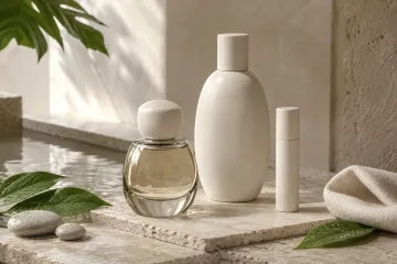 Three unbranded fragrance vessels displayed on pale limestone beside reflective water, wet botanical leaves, and ivory textile in a serene mineral studio.