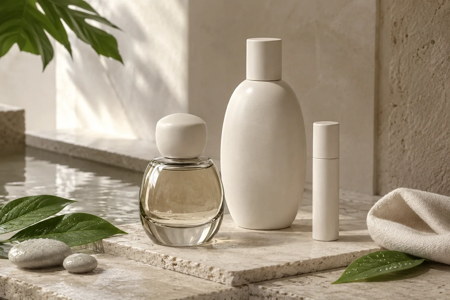Three unbranded fragrance vessels displayed on pale limestone beside reflective water, wet botanical leaves, and ivory textile in a serene mineral studio.