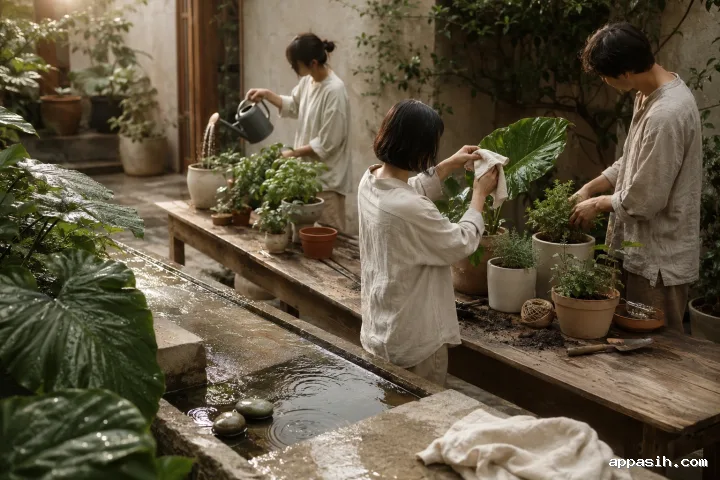 Elevated three-quarter view of three anonymous adults tending herbs and leafy potted plants in a rain-washed courtyard with wet stone, ceramic planters, and soft late-morning highlights.
