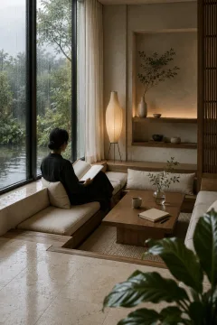 Portrait view of a serene sunken timber reading lounge beside rain-washed windows with ivory cushions, natural materials, greenery, and one anonymous reader.