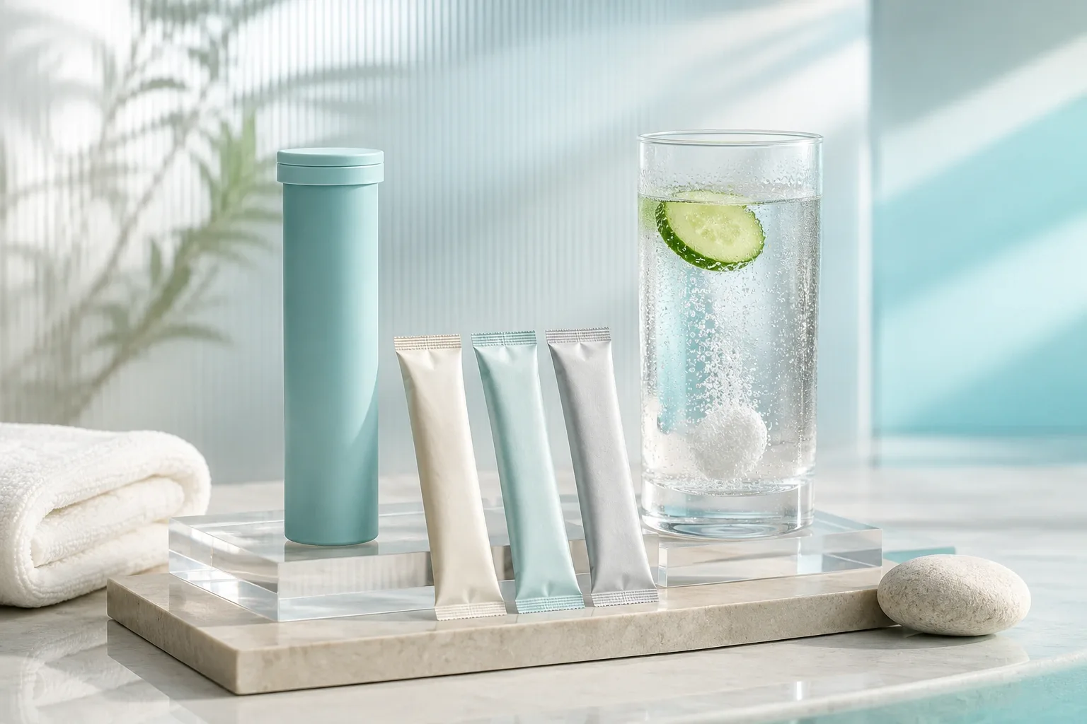 Blank electrolyte powder jar with a measuring scoop and clear glass of water on a pale stone surface.