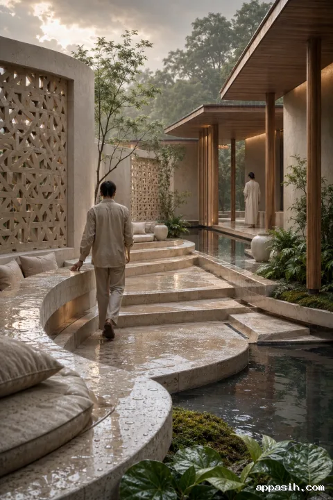 Elevated three-quarter view of the rain-washed Rainhush Terraced Ceramic Courtyard with stepped limestone, perforated ceramic screens, timber canopies, reflective water, lush greenery, and two anonymous visitors.
