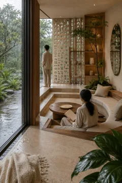 Serene contemporary sunken reading lounge with pale limestone steps, linen seating, warm timber details, ceramic lattice screens, indoor greenery, and rain-streaked windows.