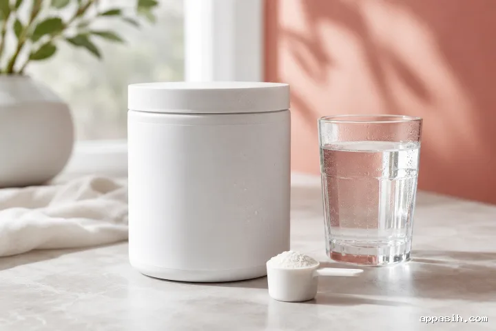 Luxury blank electrolyte powder jar with a coral lid, matching scoop, chilled water, citrus slice, and soft morning light.