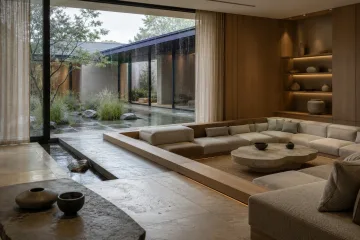 Serene contemporary sunken lounge beside a narrow rain courtyard with pale timber, limestone, cream seating, reflective water, and soft overcast daylight.
