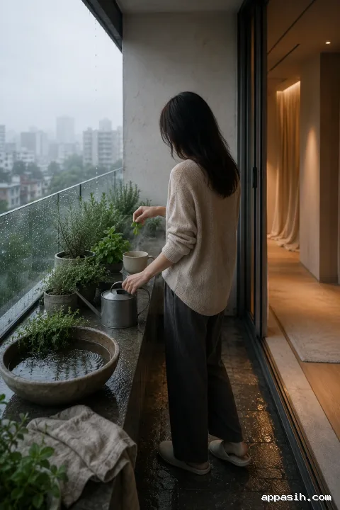 Anonymous adult placing freshly picked herbs into a steaming cup on a rain-washed apartment balcony with wet planters and a misty city beyond.