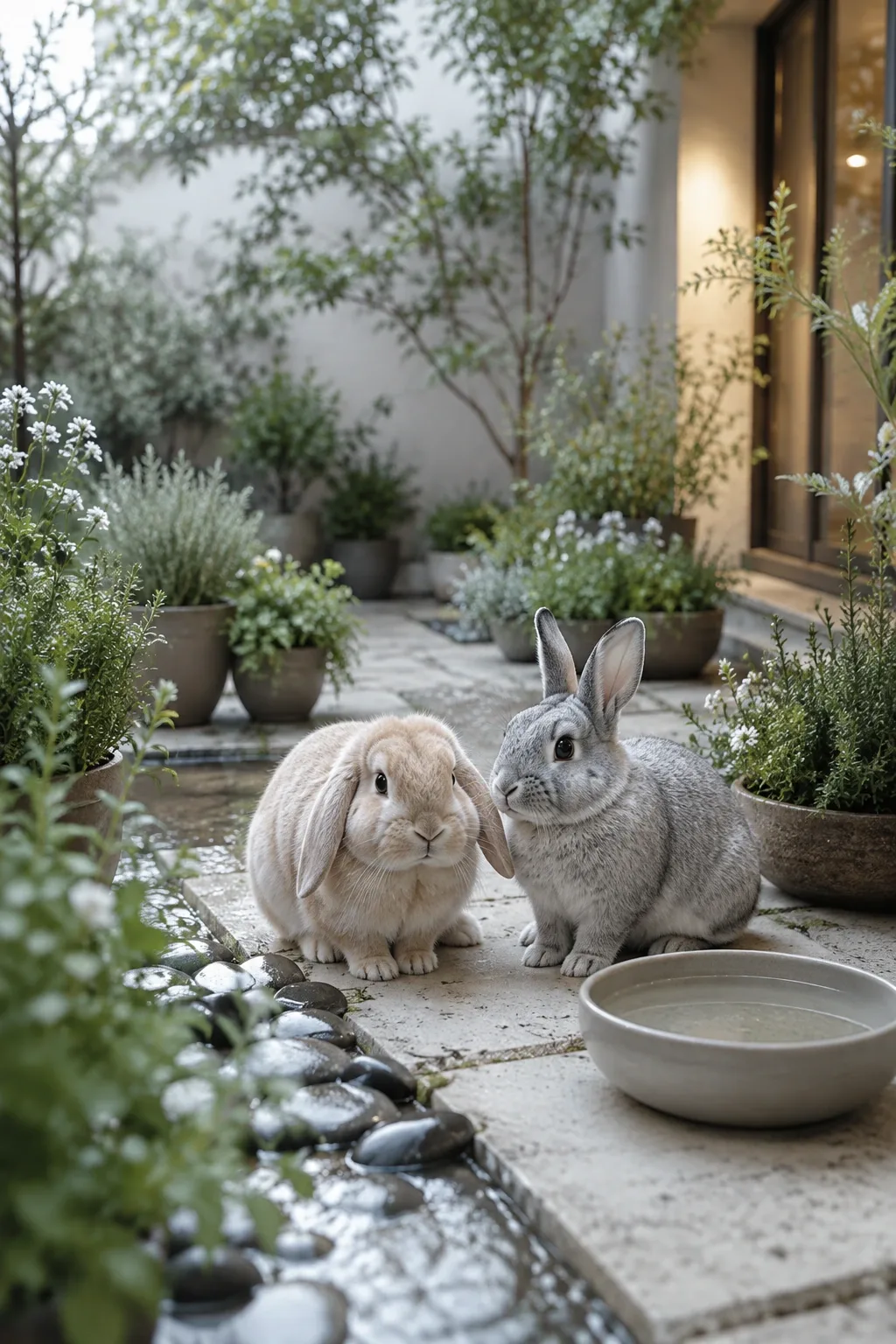 Two companion rabbits resting together among rain-fresh herbs and pale flowers in a tranquil sheltered garden courtyard.