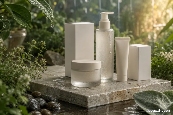 Detailed blank frosted packaging set on a rain-damp stone pedestal with suspended droplets, silver-green foliage, wet pebbles, and soft conservatory light.